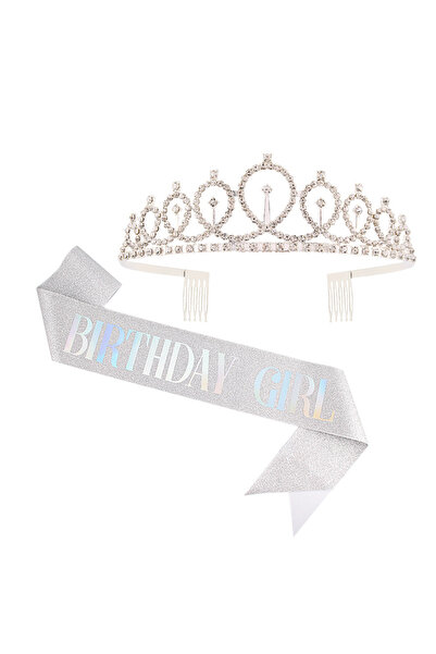 choice2 Silver Rhinestone Birthday Girl Tiara Crown and Sash Glitter Birthday...