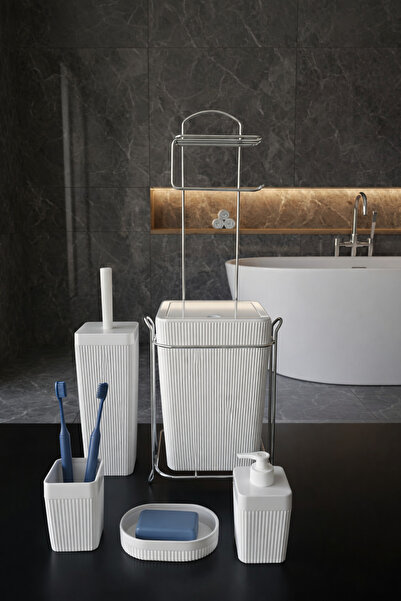 CASTEROLİ 6 Piece Chrome Wc Stand Striped White Bathroom Set – Modern & Luxur...