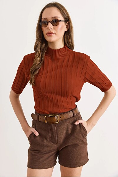 Olalook Women's Tile High Collar Thick Ribbed Short Sleeve Knitwear Blouse Bl...