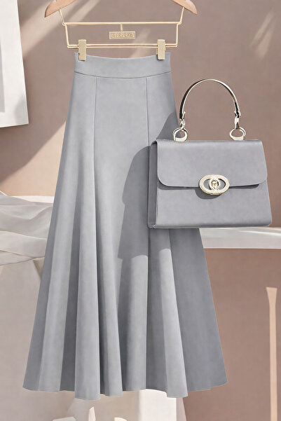 Deafox Gray High Waist A-Line Zippered Pleated Crepe Fabric Long Skirt