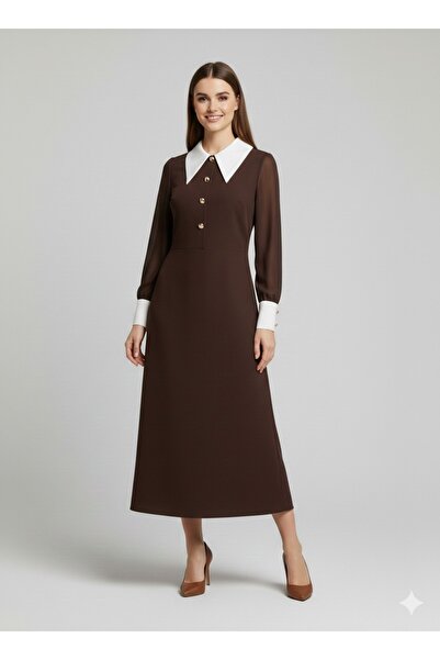 Moda İlgi MODAİLGİ Önlük Yaka Kolları Şifon Kloş Elbise 60014