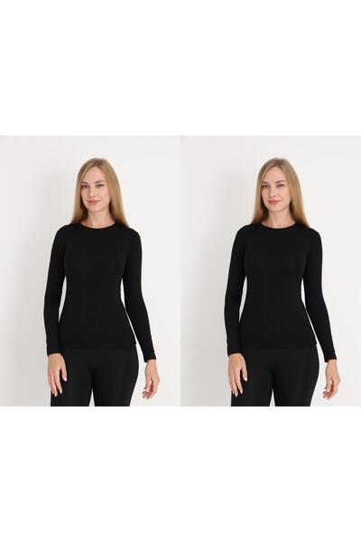MissKATRE Women's Long Sleeve Plain Collar Badi Bodysuit Black 2-Pack