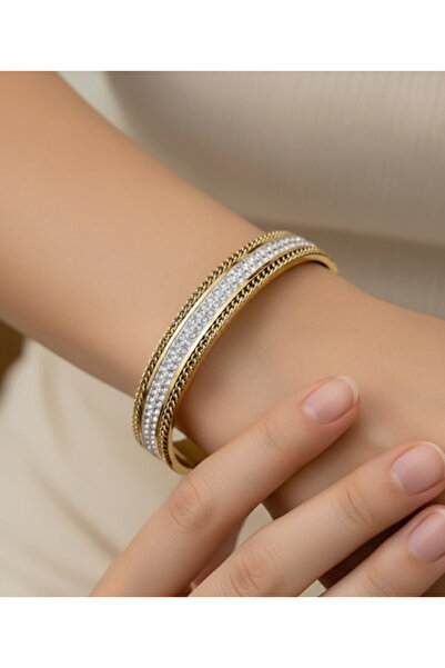 stainless steell gold renk beyaz zirkon taş işlemeli çelik kelepçe bileklik
