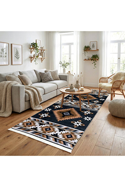 OEM Non-slip hallway rail, 80x300 cm, black-brown, ethnic geometric pattern