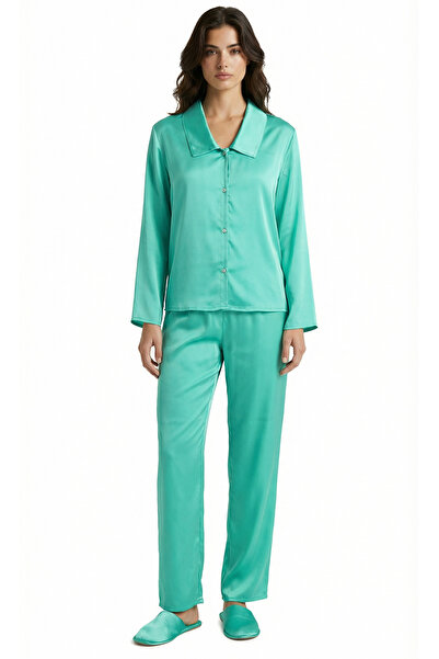 Feu De Elu Amoris Turquoise Long Satin Pajama Set
