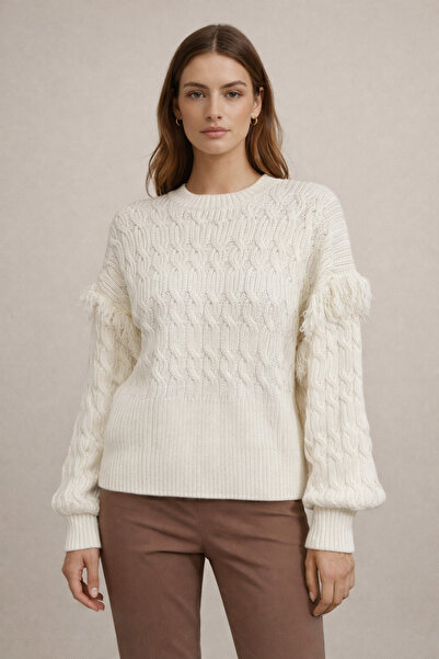 FERHEL Tasseled Knitwear Sweater with Balloon Sleeves for Winter - Stone