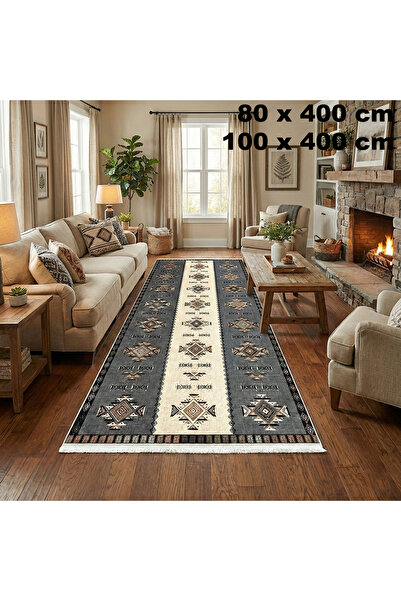 OEM Non-slip hallway runner, 100x400 cm, ethnic pattern, gray with beige