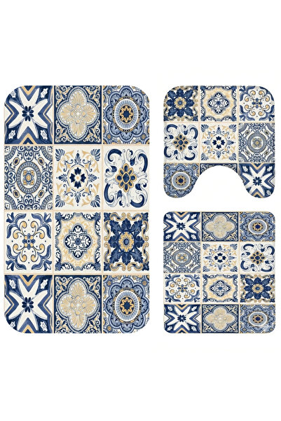 OEM Anti-slip bathroom rug set, 3 pieces, decorative ceramic pattern