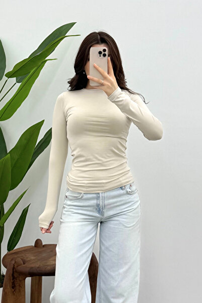 Ladima Women's Stone Crew Neck Long Sleeve Blouse