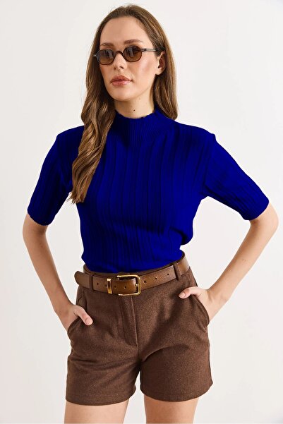 Olalook Women's Saks Blue High Neck Thick Ribbed Short Sleeve Knitwear Blouse...