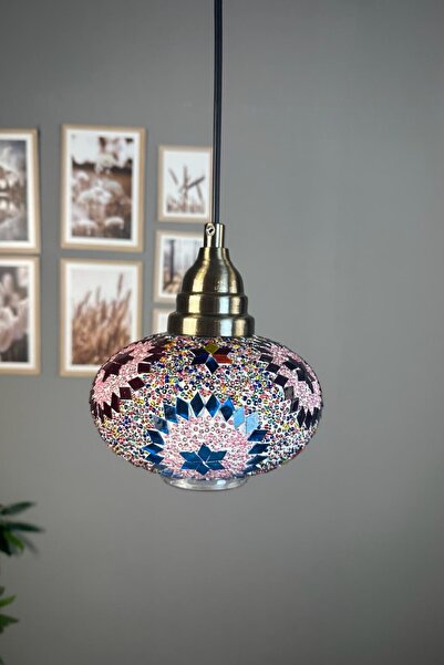 Bamyum Noura Mozaik-C Renkli Cam Tekli Avize Eskitme Koni Tepe Başlık Retro S...