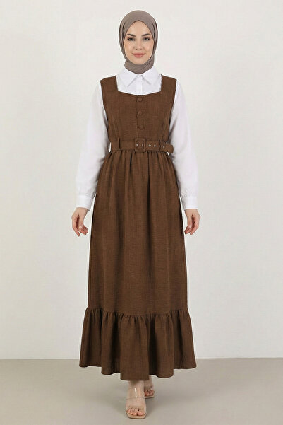 FERHEL Women's Double Set with Top and Buttoned Shirt - Hijab Dress - Brown