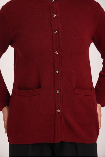 Uludağ Triko Women's Burgundy Shawl Patterned Comfortable Cut Knitwear Cardigan with Pockets