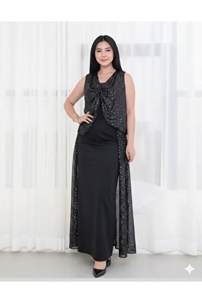 FULLJOY Women's long evening dress, stretch jersey fabric with sequined lace ...