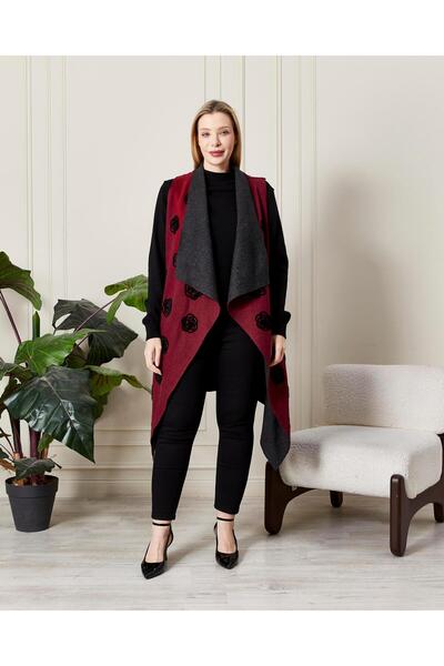 Zer Otantik Embroidery Detailed Shawl Collar Long Vest Burgundy