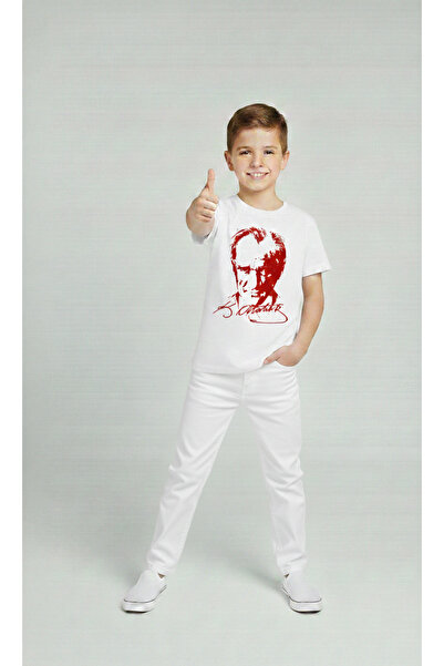 NACAR STORE Boy's Ataturk Printed T-Shirt and White Linen Trousers Set for Ap...