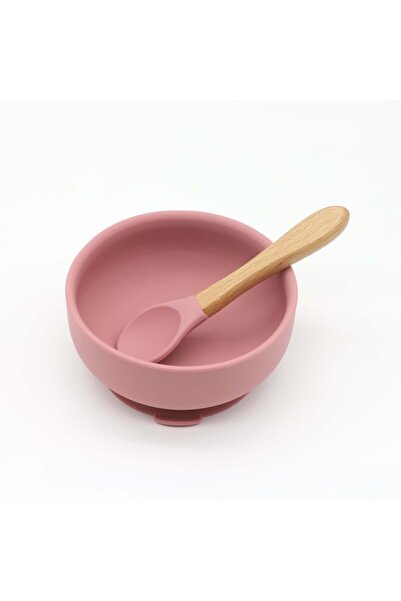 choice2 وعاء سيليكون وردي داكن مزود بكوب شفط، وملعقة بمقبض خشبي، طقم من قطعتي...