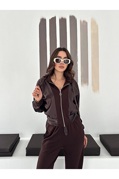 TLG GİYİM Women's Zippered Hooded Satin Detailed Modal Fabric Bomber Jacket Set