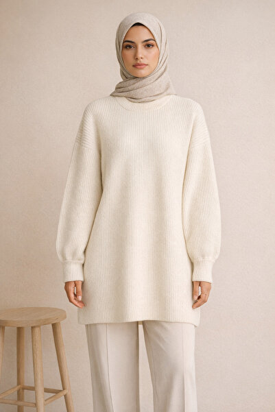 FERHEL Casual Knitwear Tunic Round Neck - Ecru