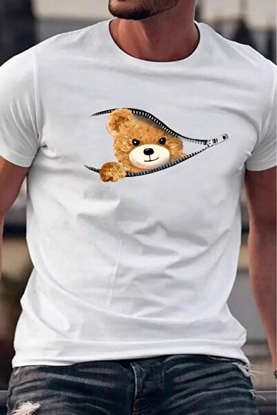 CAST COLLECTİON Men's White Zippered Bear Printed Oval T-Shirt