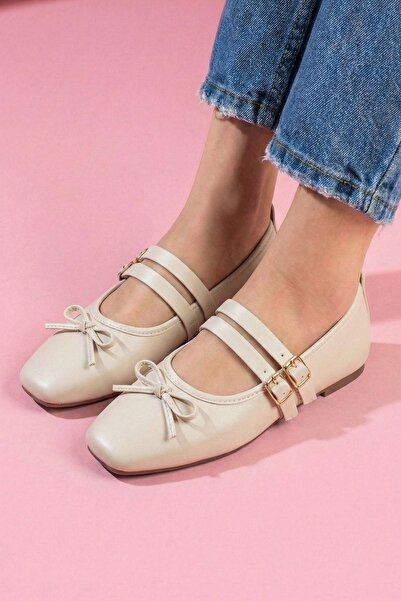 FUGA MODA Μπαλαρίνες Eterna Beige Skin με Φιόγκο και Χρυσή Πόρπη με Διπλό Λου...