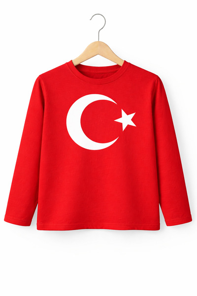 ues Moon Star Printed Red Long Sleeve Kids T-Shirt