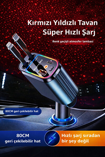 BLUE İNTER 4’ü 1 Arada Hızlı Şarjlı Yıldızlı Tavan Araç Şarjı –80CM Geri Çeki...