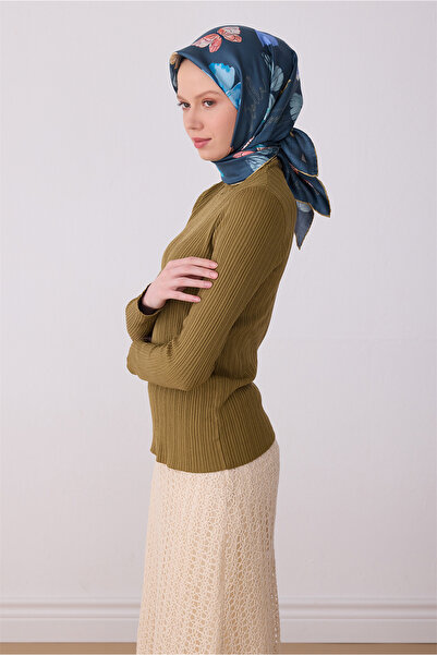 Belli Eșarfă din mătase twill 100% cu model obiecte, albastru marin 4329-50