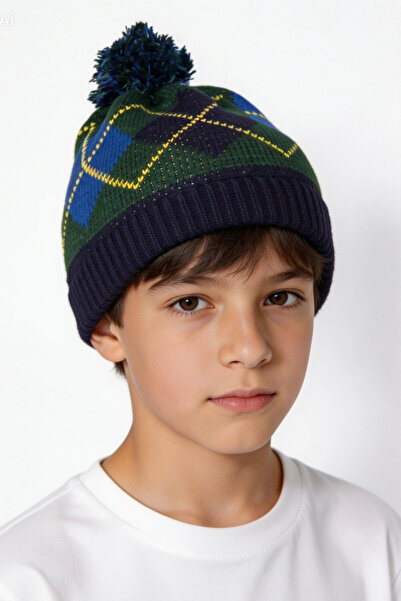 Bay Şapkacı قبعة أطفال ملونة بنمط أرجايل مع بوم بوم -6407