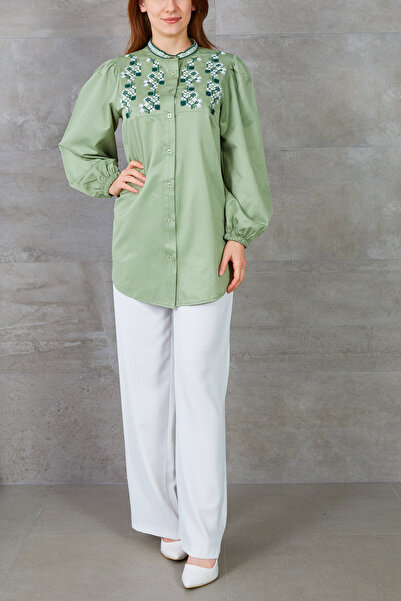 zenne Floral Embroidered Oversize Shirt Green