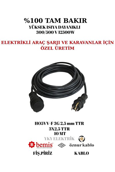 ÖZNUR Uzatma 10 Metre 3x2,5 HO5VV-F (Ttr) 10 Metre %100 Tam Bakır ARAÇ ŞARJI ...