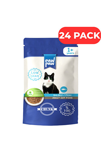 PawPaw Set 24 x Hrană umedă pentru pisici adulte, PawPaw, 85g, bucăți de peșt...