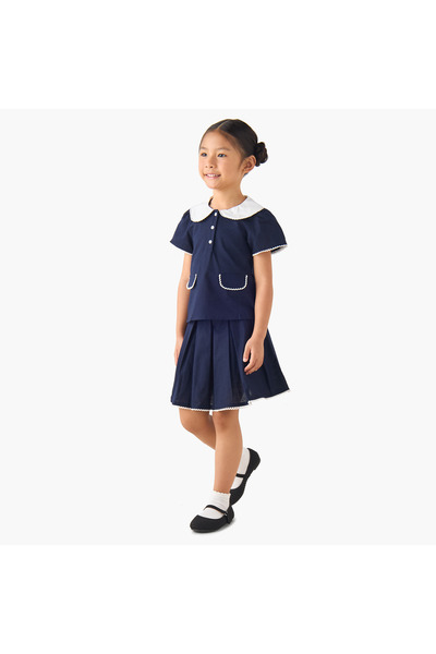 Juniors Peter Pan Collar Short Sleeve Top and Skirt Set with Button Closure