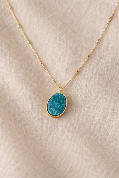 Owentis Çelik Gold Zincir Ucu Firuze Taşlı Stoned Kolye -kararma yapmaz-