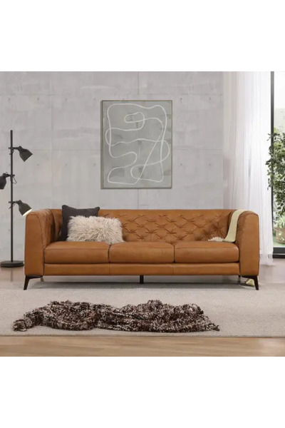 homejoyz Leather and Swedish Wood Sofa - Brown - 225x85x45 cm