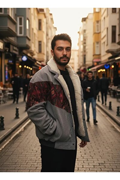 CANMODA (7798) Jachetă Recien unisex cu guler din blană, stil vintage aztec, ...