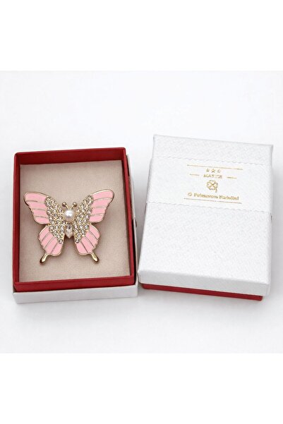 OEM Elegant Pink Butterfly Brooch with Pearl and Crystals, Gold Finish, Delic...