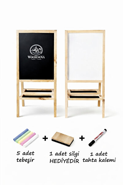 WOOD Çift Taraflı Ayaklı Ahşap Yazı Tahtası Tebeşir Kalem Silgi Hediyeli