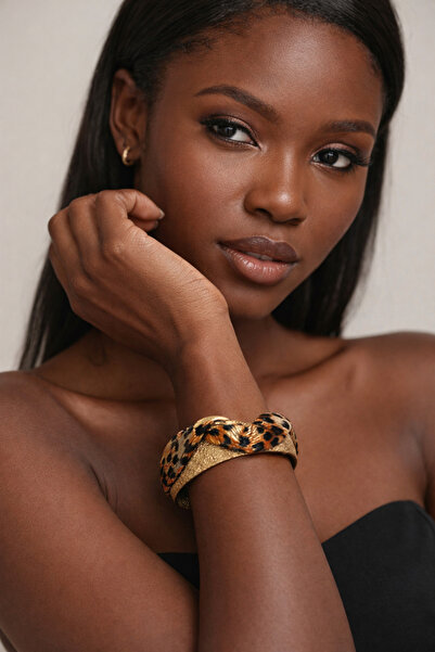 Marca Accessories Leopar Desenli Bağlamalı Gold Kelepçe Bileklik