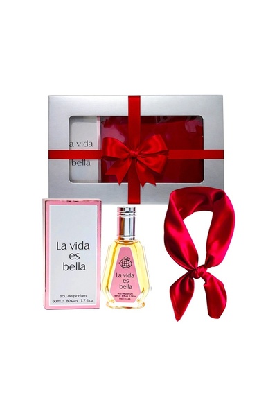 Fragrance World Elysa Set – Eau de Parfum La Vida es Bella 50ml, Red satin scarf