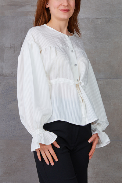 zenne Tie-Waist Flounce Sleeve Modal Shirt Ecru