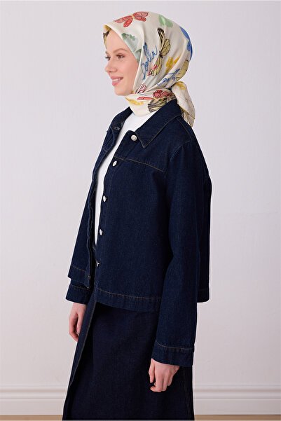 Belli Eșarfă din mătase twill 100% cu model cu obiecte verzi ecru 4329-80