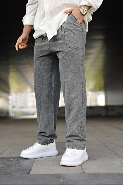 comstar Men's Trend Basic Wide Leg Dark Gray Baggy Linen Trousers