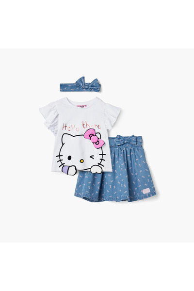 SANRIO تيشيرت مطبوع عليه صورة هيلو كيتي مع تنورة وربطة شعر