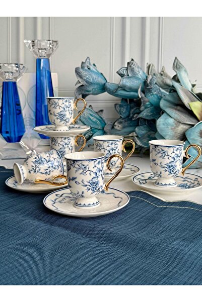 ROSSEV Porselen Türk Kahvesi Fincan Takımı Luna Blue 6 Kişilik 12 Parça