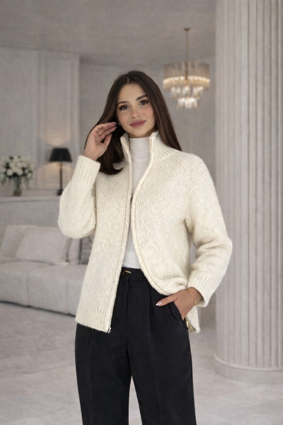 FORMO Women's Zippered Knitted Stand Collar Thick Quality Cardigan