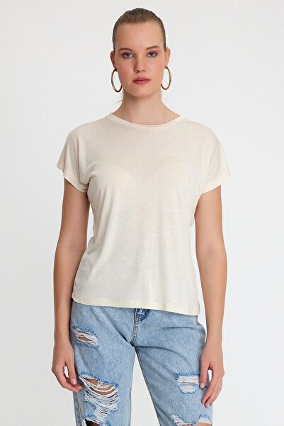 QUHOX Γυναικείο μπλουζάκι από ύφασμα μπαμπού με λαιμόκοψη μπεζ