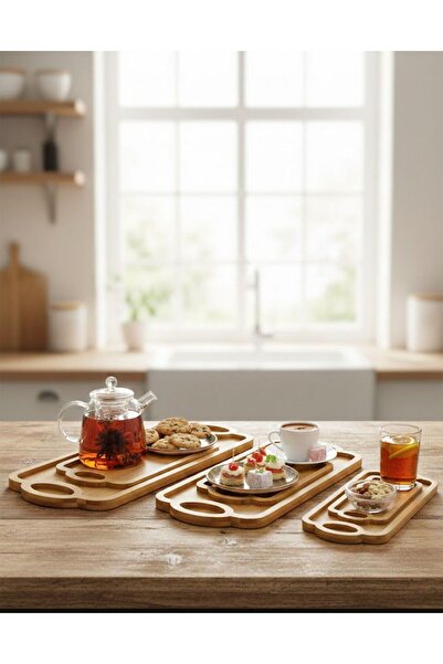 Alpi Evora Ahşap Kulp Detaylı Sunum Tepsisi 3 lü Set