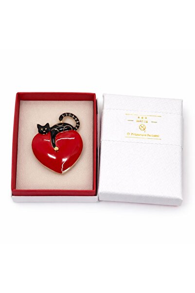 OEM Broșă Inimă Roșie cu Pisică Elegantă, Finisaj Auriu, Design Modern