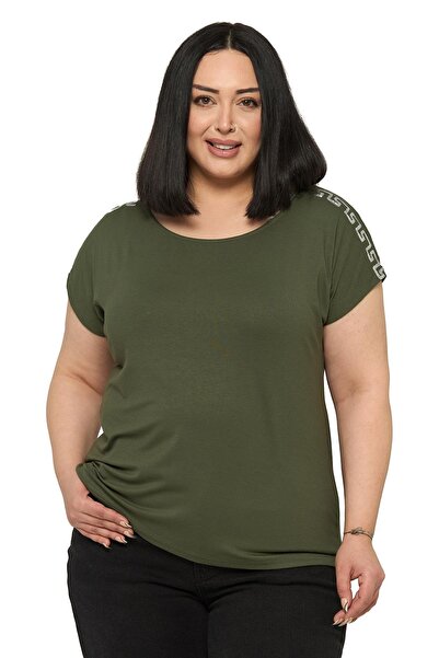 DISENTIS MODEST Plus Size Low Short Sleeve Stripe Patterned Khaki Blouse on t...